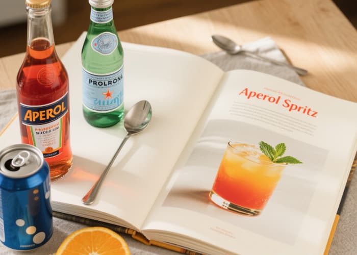 The book open to a vibrant, appealing recipe page (like an Aperol Spritz), with the necessary ingredients (wine, soda, citrus) grouped nearby