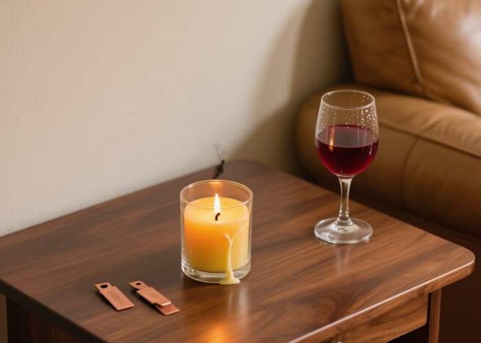 The candle lit, casting a warm glow, next to a single wine glass on a side table