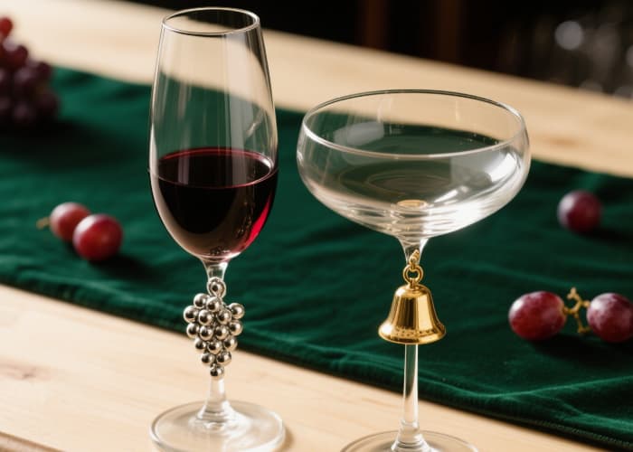 The charms dangling from the stems of 2-3 different wine glasses