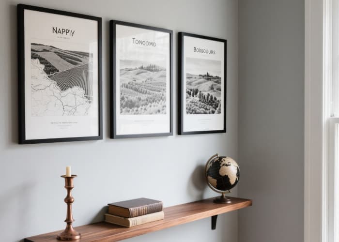 The framed poster hanging on a wall, styled simply to let the art shine