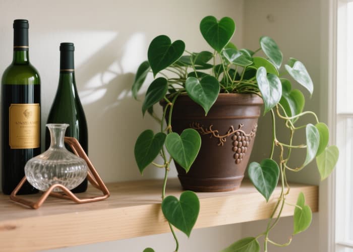 The healthy plant in its thematic pot sitting happily on a shelf or counter near her usual wine spot