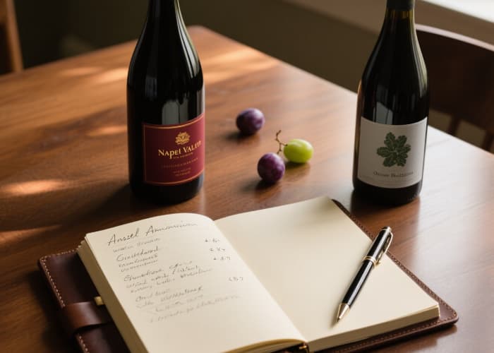 The journal open to a tasting notes page, with a pen, and two distinctive wine bottles artfully arranged beside it