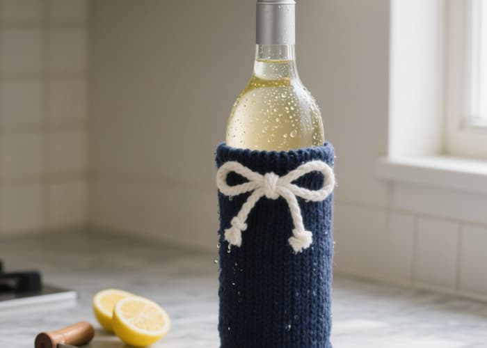 The sleeve snugly fitted around a bottle of white wine, maybe with condensation forming on the outside, sitting on a table