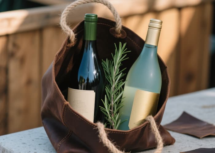 The tote bag holding one or two bottles, perhaps with some market greenery (like rosemary) peeking out, showcasing its size and style