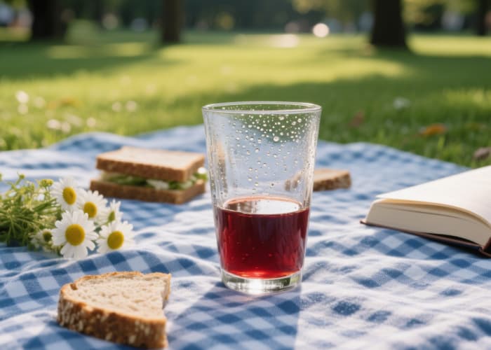 The tumbler sitting on a picnic blanket in a park setting, or perhaps near a campfire