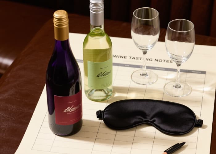 Two covered bottles, two glasses, an eye mask, and a pencil on a tasting sheet – set up for fun