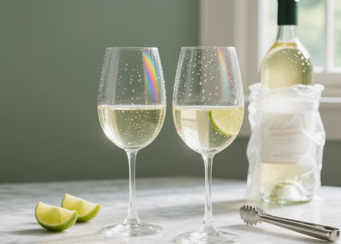 Two stunning crystal glasses catching the light, perhaps with a chilled bottle of white wine in the background, condensation glistening